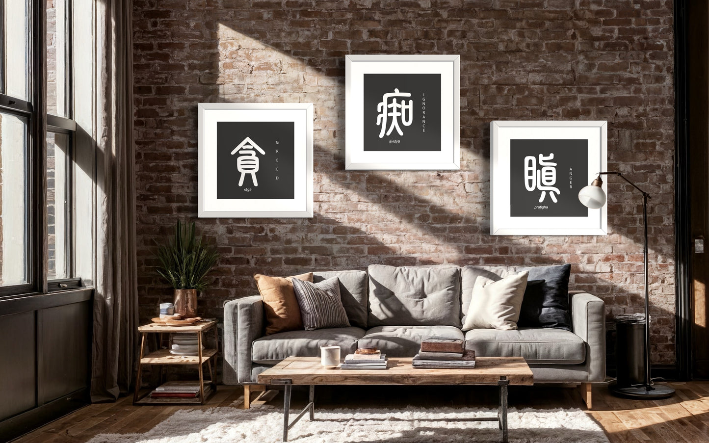 Three Poisons | Three Afflictions | Framed Zen Art | 12 inch x 12 inch | Set of 3